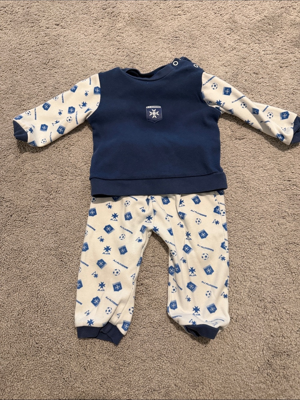 Navy & White Baby Sweater Set with Blue Print